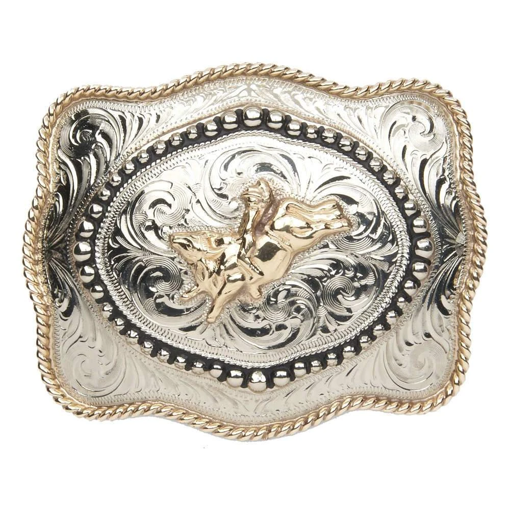 And West Hand-Finished Bull Rider With Inside Beaded Border Buckle 1 And West Hand-Finished Bull Rider With Inside Beaded Border Buckle