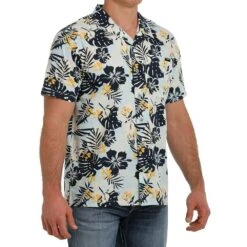 Cinch Men's Camp Aloha Blue Hawaiian Printed Short Sleeve Buttondown
