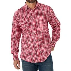 Wrangler Men's Wrinkle Resistant Western Long Sleeve Red Plaid Shirt