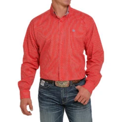 Cinch Men's Red Button-Down Long Sleeve Shirt