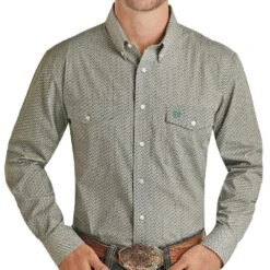 Panhandle Men's Select Geo Poplin Print Long Sleeve Button Down