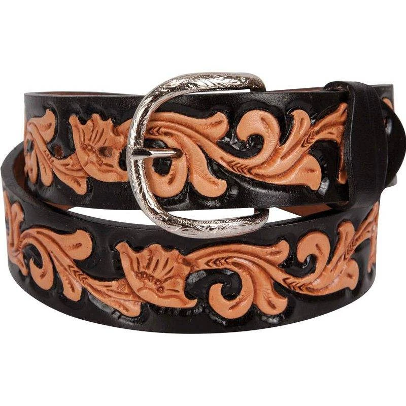 Double J Hand-Tooled Floral Black Dyed Belt 1 Double J Hand-Tooled Floral Black Dyed Belt